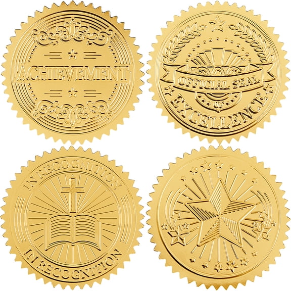 4 Style Achievements Certificate Embossed Stickers 160Pcs 2" Vintage Gold Foil Office Star Seals Self Adhesive Sticker Decor Labels for DIY