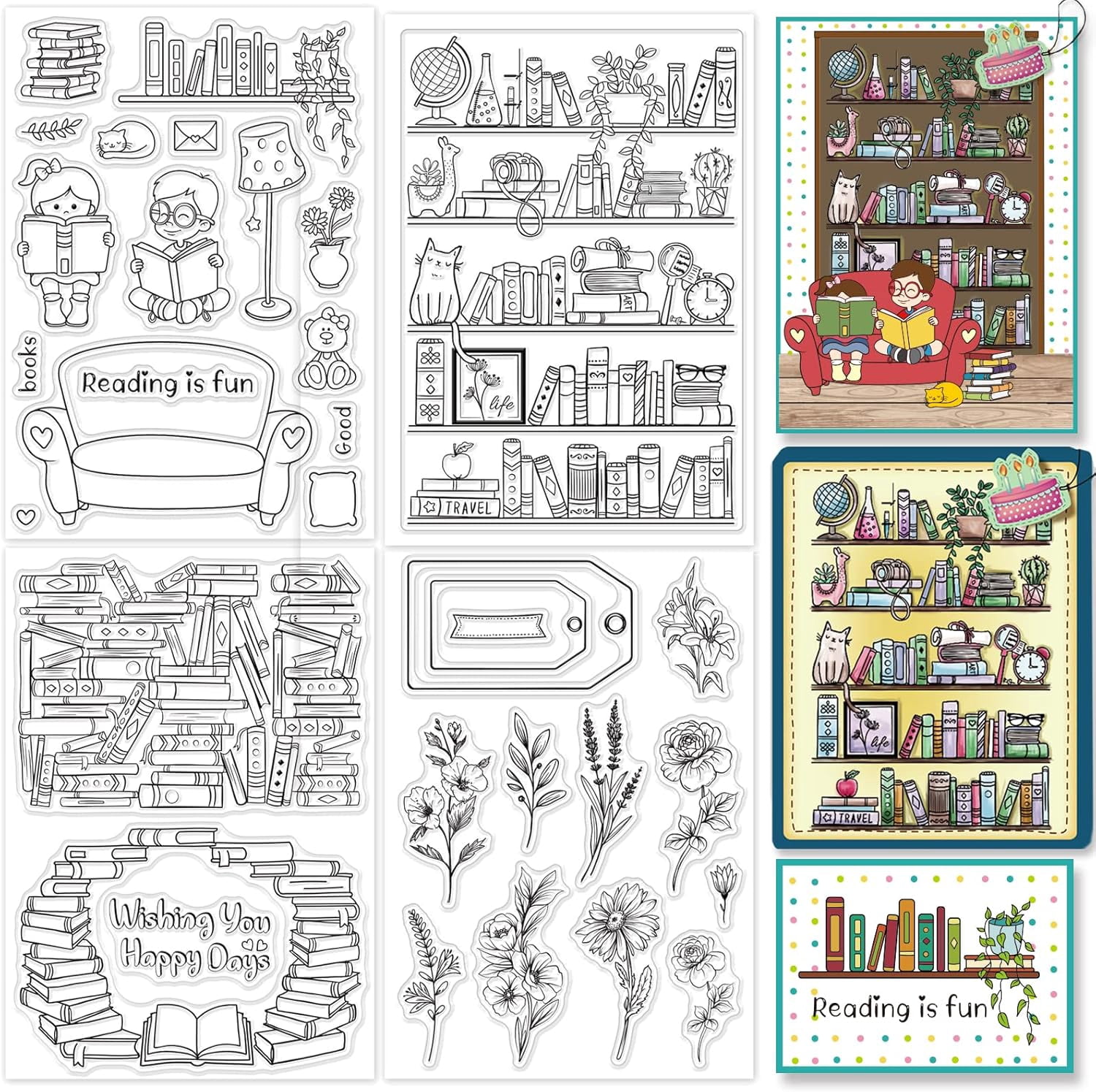 4 Style Bookshelf Clear Stamps Books Bookcase Silicone Stamps Reading ...