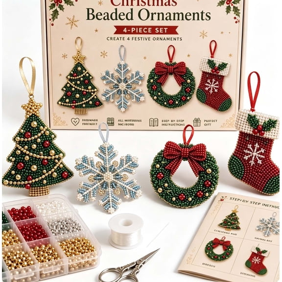 4‑Style Christmas Beaded Ornaments DIY Craft Kit, Complete Hand‑Beading Supplies, Handmade Xmas Tree Hanging Decor, Stress‑Relief Holiday Handcraft Gift For Adults