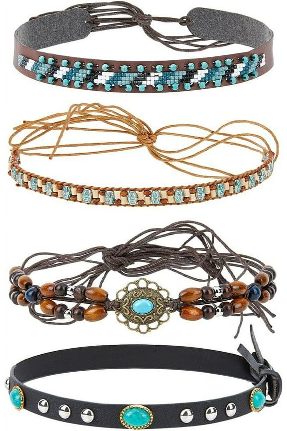 4 Style Cowboy Hat Band Handmade Imitation Leather Ethnic Style Western Adjustable Hat Belt Accessories for Fedora Cowboy Straw Western Hat Mixed Color