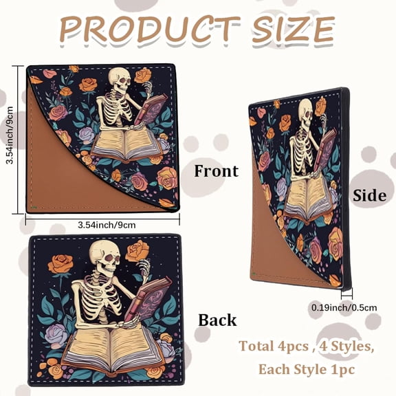4 Style Leather Corner Bookmark Skull Retro Rose Print Book Markers Clip Set Corner Page Book Marks Leather Book Accessories for Teachers Students Book Reading Lovers