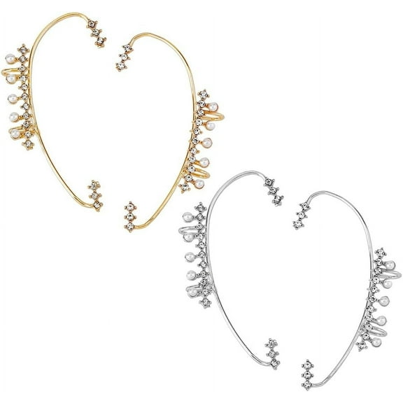 4 Style Rhinestone Curved Bar Cuff Earrings Imitation Pearl Beaded Ear Cuffs Women Glittering Climber Wrap Around Earrings Clip on Earrings for Wedding Cosplay Accessory for DIY