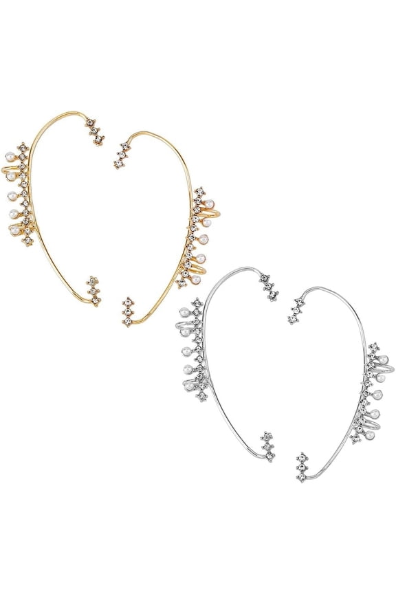 4 Style Rhinestone Curved Bar Cuff Earrings Imitation Pearl Beaded Ear Cuffs Women Glittering Climber Wrap Around Earrings Clip on Earrings for Wedding Cosplay Accessory diy Platinum Golden