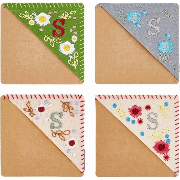 4 Styles 26 Letters Corner Bookmark Felt Triangle Page Stitched Bookmark Cute Flower Letter Theme Cloth Fabric Book Markers for Book Reading Lovers School Office Golden & Stainless Steel Color