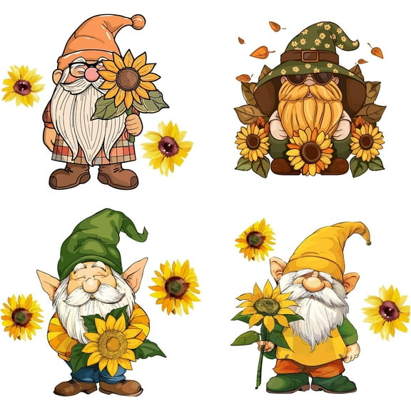 4 Styles 6.3 Inch Gnome Window Sticker Round Christmas Dwarf Sunflower Static Sliding Door Glass Decals Decorative Double-Side Alert Cling for Prevent Stop Birds Dog Strikes Home Decor Multi-color
