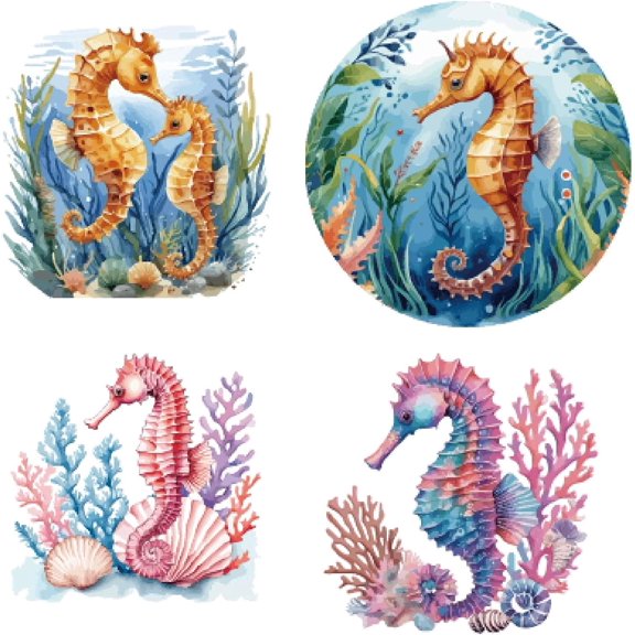 4 Styles 6.3x6.3 Inch Sea Horse Window Clings Sticker Summer Sea Animals Coral Sea Grass Shells Wall Sticker Removable Adhesive Waterproof Window Decal Avoid Birds Hitting PVC
