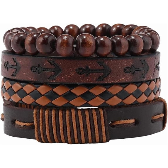 4 Styles Adjustable PU Leather Wristbands Leather Hexagram Wrist Cuff Ethnic Tribal Black Brown Woven Wrap Natural Wood Beads Bracelet Arm Armor