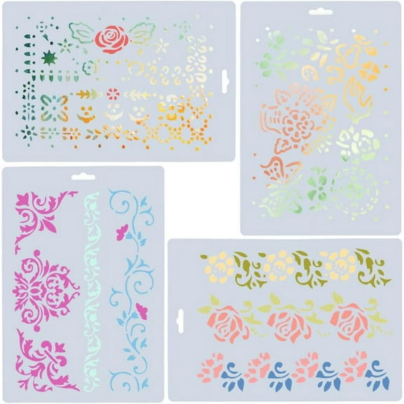 4 Styles Border Line Stencils Leaf Vine Templates Rose Morning Glory Flowers Basket Dotting Painting Reusable Plastic Drawing Stencils for Wood Wall Corner Furniture Tile Scrapbook Decor