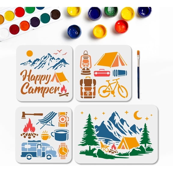 4 Styles Camping Stencils Reusable Outside Camp Stencils for Craft 11.7x8.3/7.8x7.8inch Happy Camping Paint Templates with Paint Brush for Floor Wall Fabric Furniture Decor