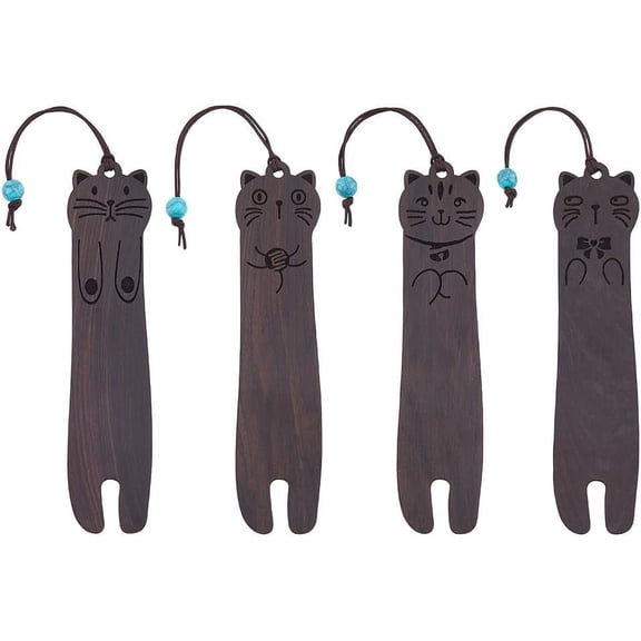 4 Styles Cat Wooden Bookmarks Funny Wooden Bookmarks 21.6cm/8.5inch Brown Handmade Wood Book Mark with Tassel for Reading Lovers Office Supplies Students Coconut Brown