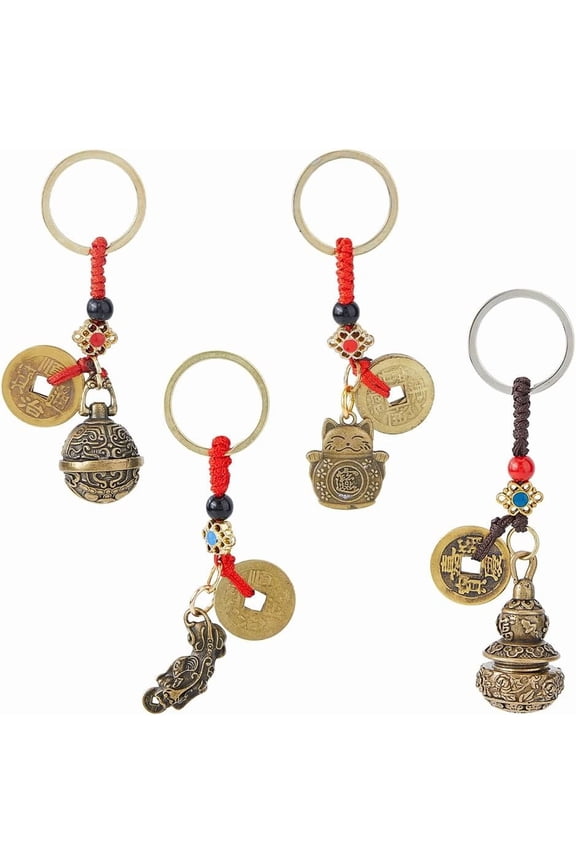 4 Styles Chinese Keychain Bulk Good Luck Charms Keychain Keychain Lucky Cat Wu Lou Charms Keychain with Coin for Longevity Wealth and Success Colorful