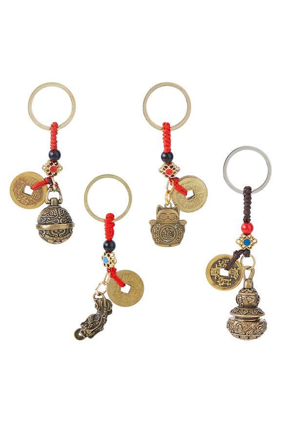 4 Styles Chinese Keychain Bulk Good Luck Charms Keychain Keychain Lucky Cat Wu Lou Charms Keychain with Coin Longevity