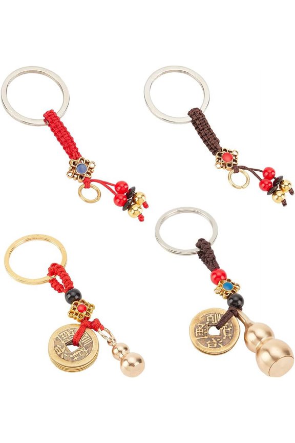 4 Styles Chinese Lucky Keychain Pendants Metal Gourd Keychains Calabash Hanging Decorations Wu Lou Keychains Chinese Knot Key Ring Charms