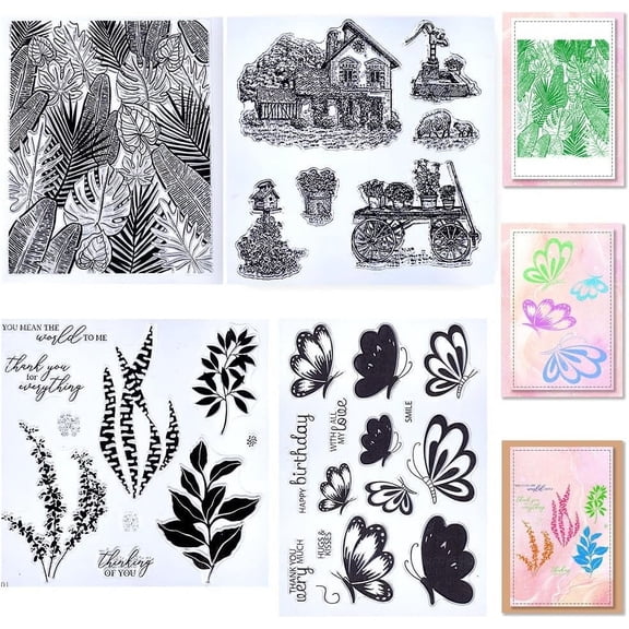 4 Styles Clear Stamps Tropical Plants Turtleback Leaf Butterfly House Reusable Background Postmark Transparent Silicone Stamp Seals for Journaling Card Making DIY Scrapbooking Supplies DIY