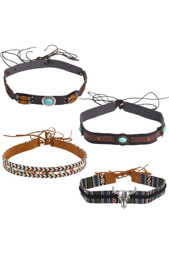 4 Styles Cowboy Hat Bands Turquoise Ethnic Western Hat Leather Belts Rural Classical Mexican Cowgirl Beaded Adjustable Traditional Hatbands Replacement for Women Men Panama Fedora Brown DIY