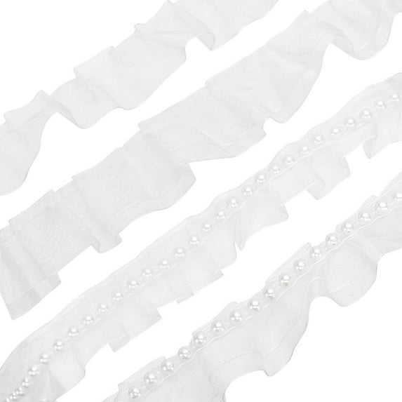 4 Styles Double Layer Ruffle Pleated Lace Trim 8yard Beaded Pearl Trimming Lace Ribbon Single Pleated Trimming with Beads for Dress Sewing Clothing Bag Gown Wedding Decor Craft White