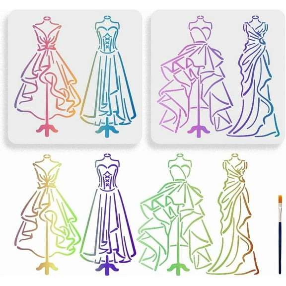 4 Styles Dress Stencils for Painting 11.8x11.8inch Formal Evening Wedding Dress Drawing Templates with Paint Brush for Art Crafts Wall Furniture white
