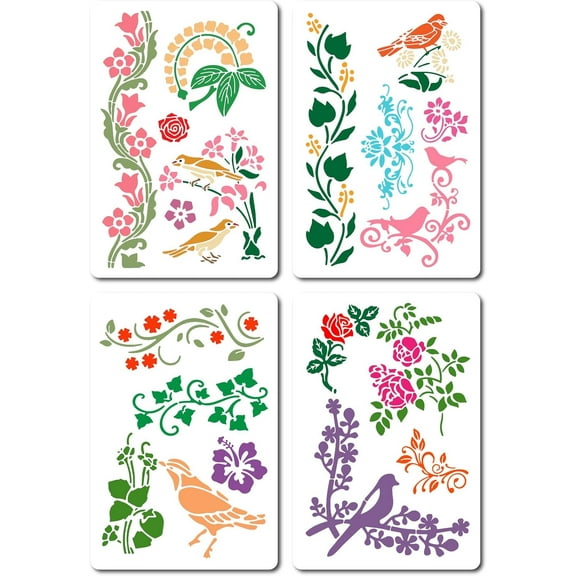 4 Styles Flower Border Hummingbird Stencils Plastic Reusable Birds Floral Blossom Leaf Spring Drawing Template for Card Making Album Decor Painting 8.3x12.2