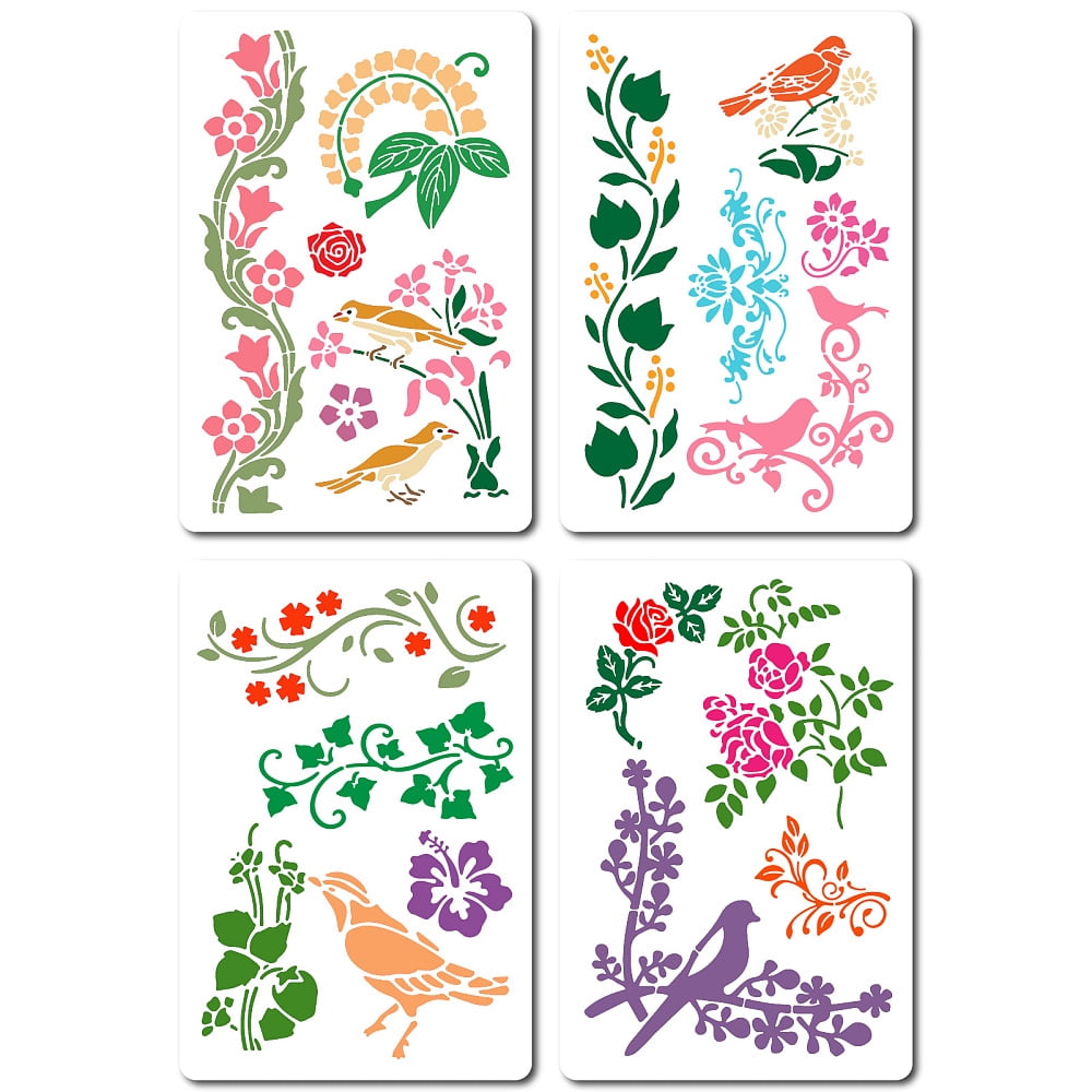 4 Styles Flower Border Hummingbird Stencils Plastic Reusable Birds ...