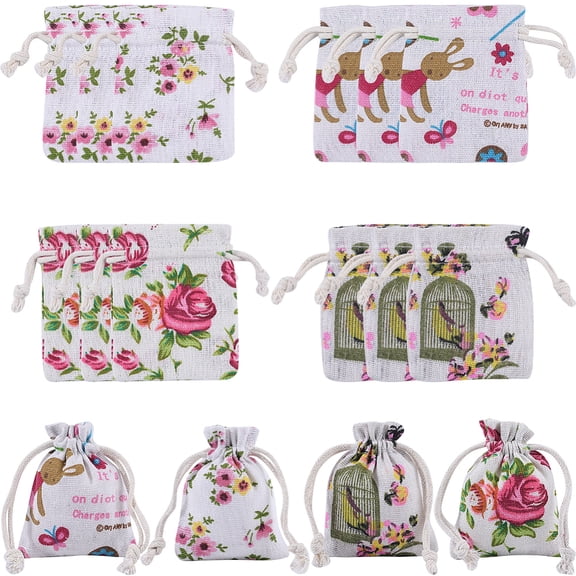 4 Styles Flower Print Burlap Packing Pouches Drawstring Bags Rectangle Mixed Color 8.7~9x7~7.2x0.5cm 6pcs/style 24pcs/set DIY