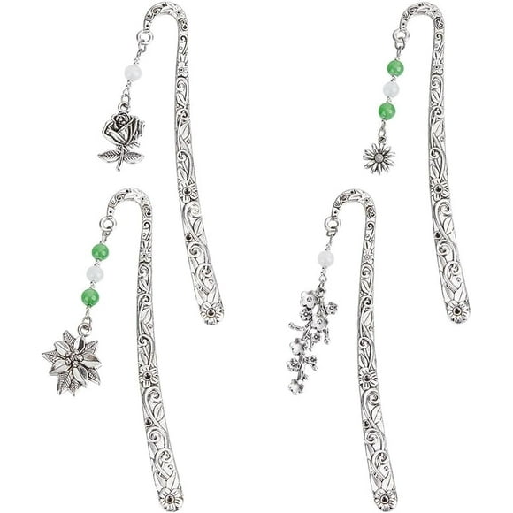 4 Styles Flowers Bookmark 4pcs Metal Book Markers Gifts for Women Girls Reading Accessory Vintage Gemstone Beading Bookmarks for Book Reading Lovers Women Man Christmas Delicate Gift