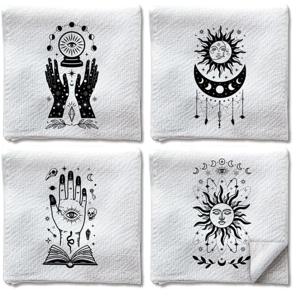 4 Styles Gothic Divination Hand Towels Funny Witchy Tarot Moon ases Sun Decorative Dish Towels Soft Absorbent Kitchen Dish Cloths