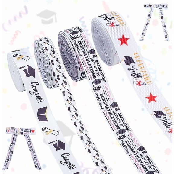 4 Styles Graduation Ribbon 3 Sizes Congrats Grad Ribbons Polyester Grosgrain Craft Ribbon Graduation Season Ribbon for Graduation Leis Gift Wrapping Decoration White Black 19.6 Yards Mixed Color