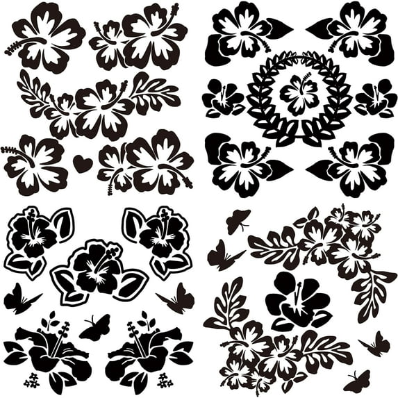 4 Styles Hawaiian Hibiscus Flower Car Decal Black Butterfly Laser Car Sticker Sun Protection Pet Self Adhesive Car Accessories Automotive Exterior Decoration for SUV Vans