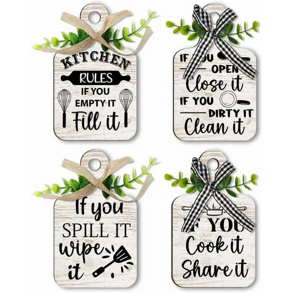 4 Styles Kitchen Rules Wooden Sign Wall Decor Eat Wood Cutting Board Sign Farmhouse Tiered Tray with Hemp Rope Hanging Wall Decor for Home Kitchen Dining Living Room Bar Table Decoration