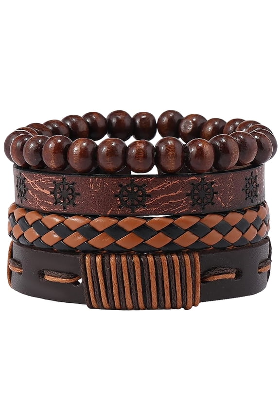 4 Styles Leather Wrist Cuff PU Adjustable Leather Wrap Bracelet Hexagram Ethnic Tribal Black Brown Woven Wrap Natural Wood Beads Wristbands Arm Armor for Men Women Findings DIY