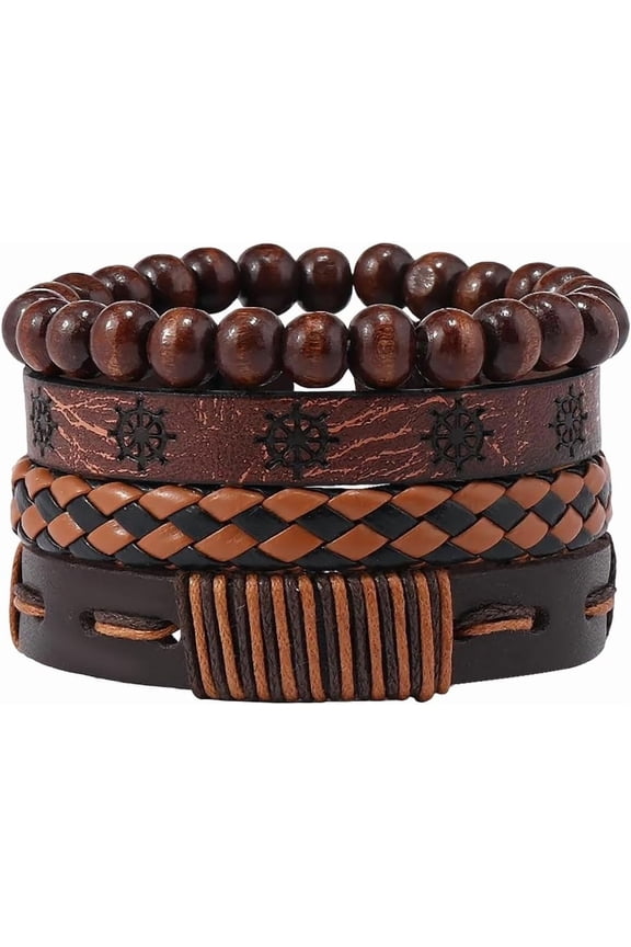4 Styles Leather Wrist Cuff PU Adjustable Leather Wrap Bracelet Hexagram Ethnic Tribal Black Brown Woven Wrap Natural Wood Beads Wristbands Arm Armor for Men Women Findings