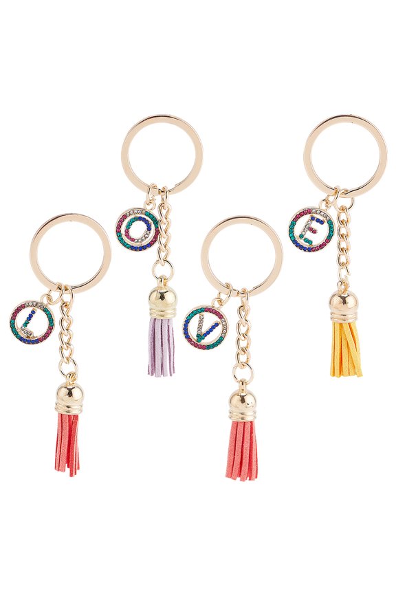4 Styles Letter Keychain Tassel Pendant Alphabet Initial Letter Pendant Key Ring Colorful Tassel Rhinestone Keychain Flat Shiny Alphabet Keyring