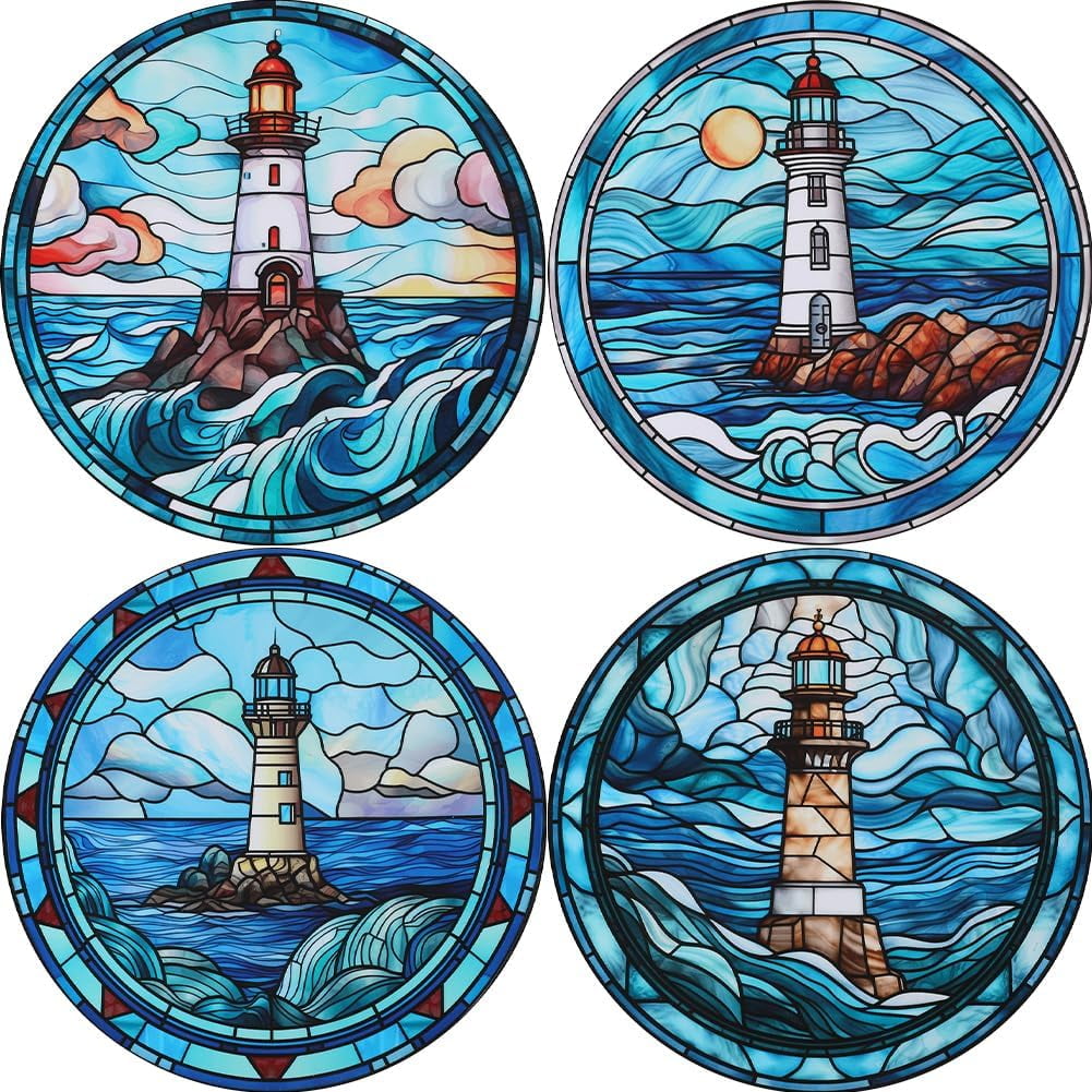 4 Styles Lighthouse Window Clings Static Film Round Non Adhesive Glass Decorative Wall Decals Stickers Sea Anti-Collision PVC Waterproof for Home Store Glass Door Display DIY