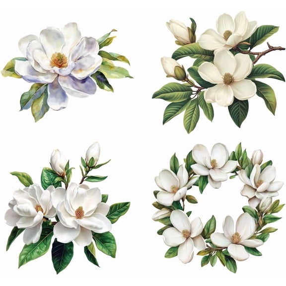 4 Styles Magnolia Flower Iron on Decals Patches Magnolia Branches and Leaves Heat Transfer Stickers PET Washable Patches Creative Craft
