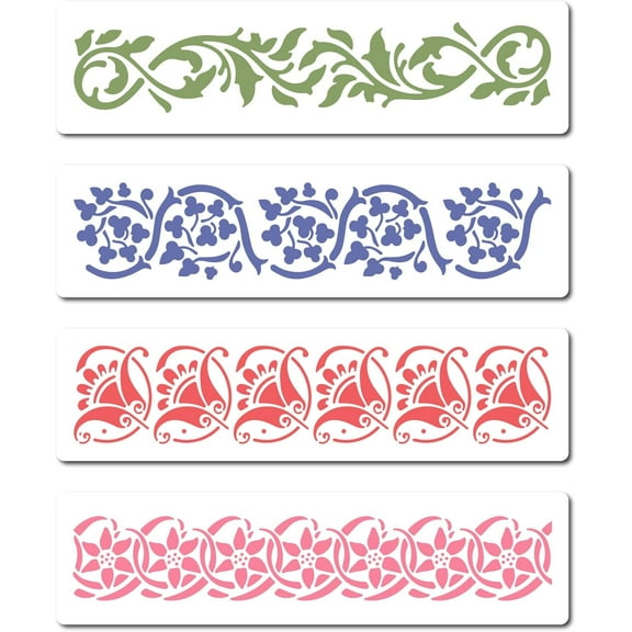 4 Styles Mandala Flower Border Stencils Floral Edge Reusable Painting Templates for DIY Painting on Wall Tile Furniture Canvas Craft Stencils Outdoor Indoor Decoration 12.2x3.1inch Mixed Color 1set