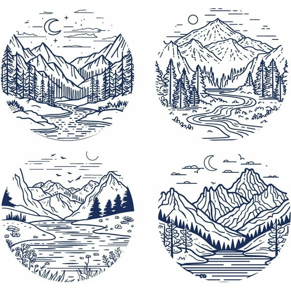 4 Styles Mountain Tree Glass Stickers 6.3 Inch Round Removable Static Forest River Window Decal Decorative Sliding Door Window Anti-Collision Alert Cling Mixed Color