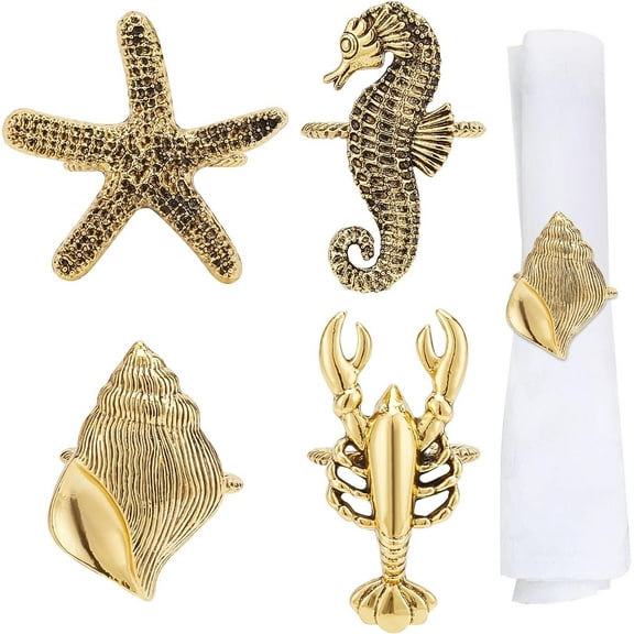 4 Styles Nautical Napkin Rings Sea Animals Theme Alloy Napkin Rings Golden Shell Sea Horse Shrimp Starfish Shape Napkin Holder Adornment for Wedding Dinner Party Table Decoration