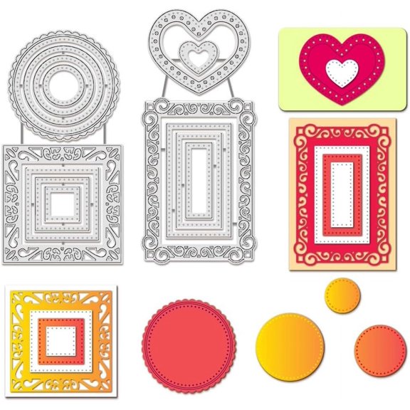 4 Styles Nesting Cutting Dies 14pcs Heart Background Round Frame Stencils Rectangle Borders Embossing Template for Scrapbooking Photo Album Greeting Card Making DIY