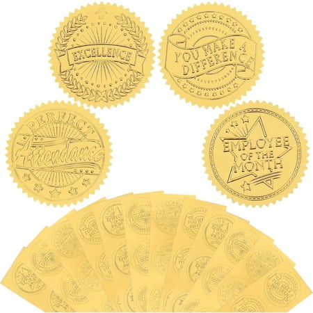 4 Styles Office Certificate Embossed Stickers 160Pcs 2" Attendance Excellence Gold Foil Seals Self Adhesive Sticker Decor Labels