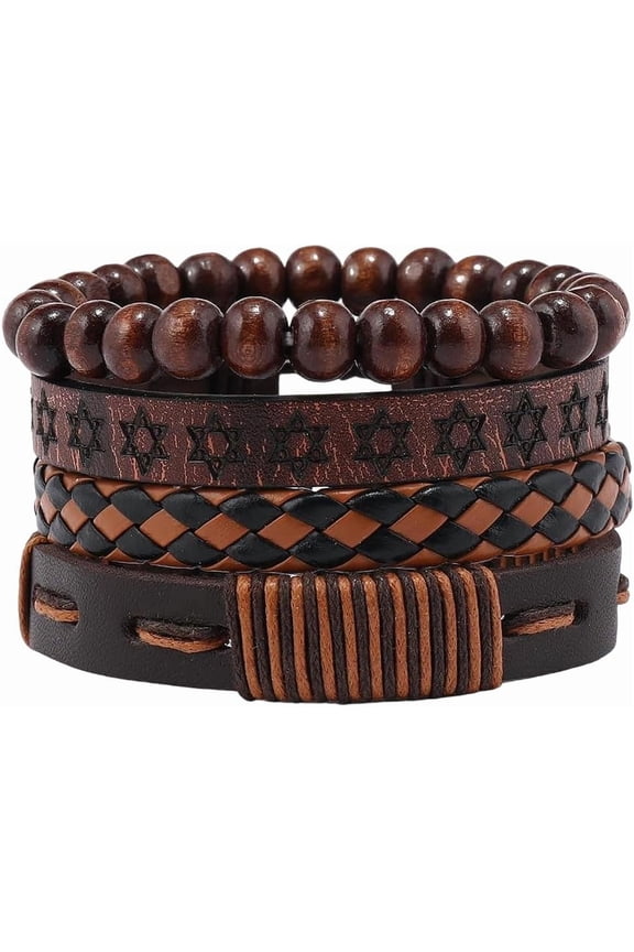 4 Styles PU Leather Wrap Bracelet Adjustable Leather Hexagram Wrist Cuff Ethnic Tribal Black Brown Woven Wrap Natural Wood Beads Wristbands Arm Armor for DIY