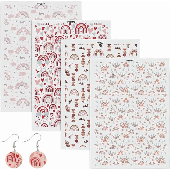 4 Styles Polymer Clay Transfer Paper 5.8x4.1Inch Rainbow Cloud Heart Pattern Underglaze Transfers Decals for DIY Earrings Pendants Hair Clip Colorful DIY