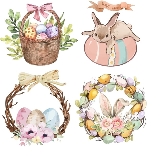 4 Styles Rabbit Window Clings Easter Static Glass Stickers Rabbit Egg Flowers Pattern Round Decorative Decals Film for Living Room Bedroom Coffee Store Glass Door Display