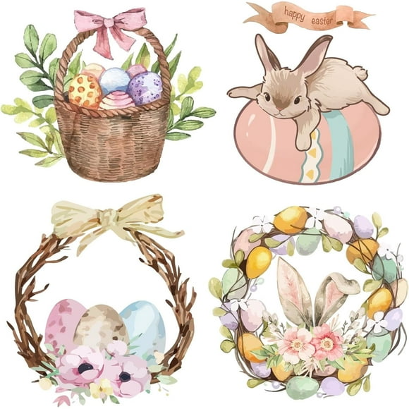 4 Styles Rabbit Window Clings Easter Static Glass Stickers Rabbit Egg Flowers Pattern Round Decorative Decals Film for Living Room Bedroom Coffee Store Glass Door Display