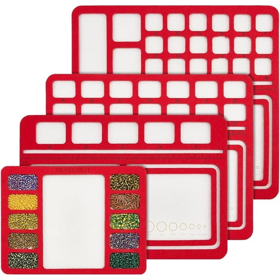 4 Styles Red Felt Beading Mat, Hard Back Tray With Grids DIY Pads, Design Boards for Art Crafts Jewelry Making Supplies, 6mm Thick