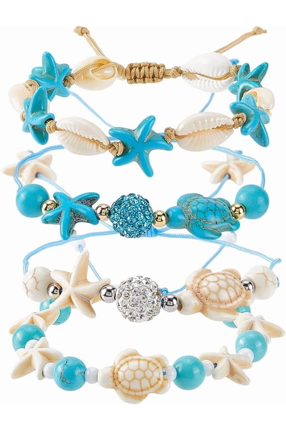 4 Styles Sea Turtle Bracelet Shell Anklet Summer Hawaii Boho Ocean Anklets Turquoise Beads Adjustable Braid Fashion Starfish Bracelets Set for Women Men Supplies Mixed Color
