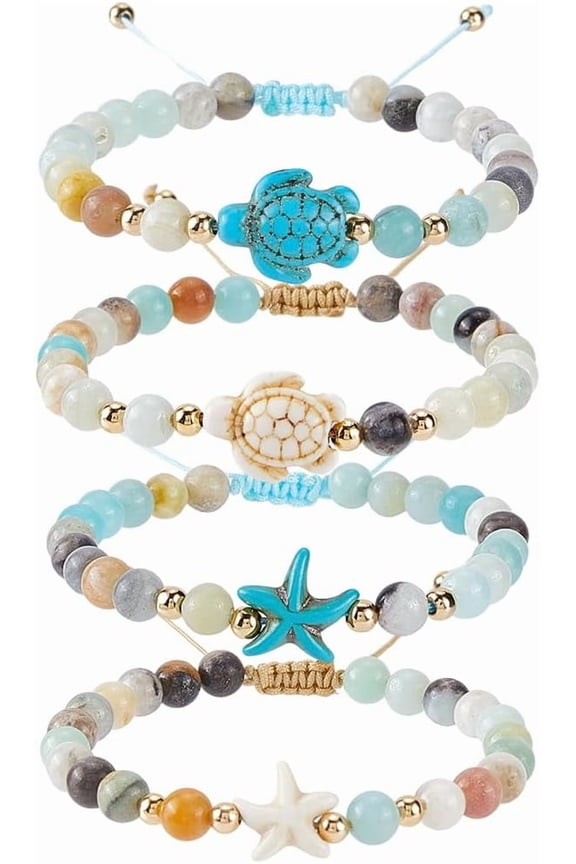 4 Styles Sea Turtle Bracelet for Women Men Ocean Bracelets Set Braid Adjustable Starfish Natural Flower Amazonite Beads Turquoise Stone Anklet Summer Hawaii Jewelry diy