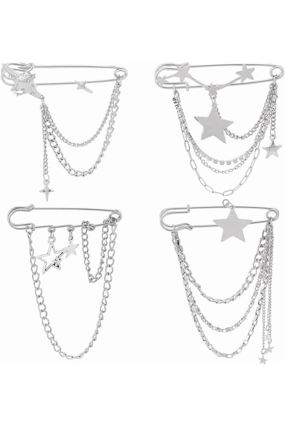 4 Styles Silver Star Chain Brooch Pins Alloy Punk Chain Brooch Hanging Collar Tassel Chain Brooch Pins Hollow Star Safety Pin Brooch