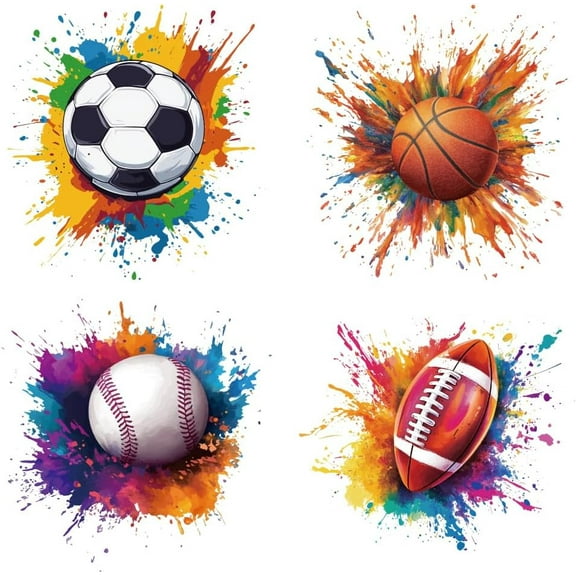 4 Styles Sports Ball Theme Iron on Decals Patches Football Basketball Baseball Rugby Heat Transfer Stickers PET Washable Patches for DIY Clothes Hat Jeans Jacket Decor 9.05 inch(23cm) Long for DIY