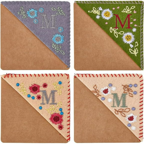4 Styles Square Non-Woven Felt Embroidery Corner Bookmarks Season Theme Flower Book Open Holders Letter M Triangle Corner Cloth Page Markers for School Office Supplies colorful DIY