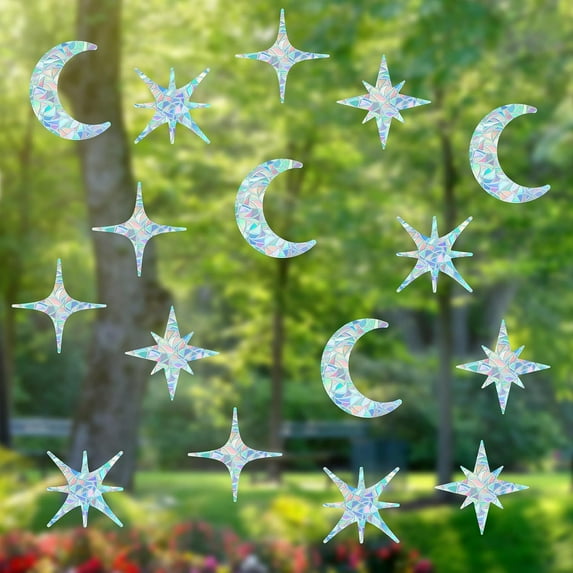 4 Styles Star Anti-Collision Window Clings 33x13 Moon Glass Alert Prism Decals Rainbow Static Window Cling Prismatic Film Non Adhesive Removable Window Sticker for Prevent Birds Strikes